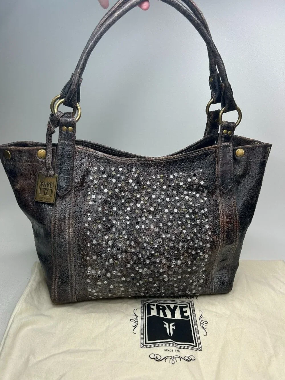 NWOT Frye DEBORAH Chocolate Brown Leather Studded Shoulder Satchel Tote Handbag